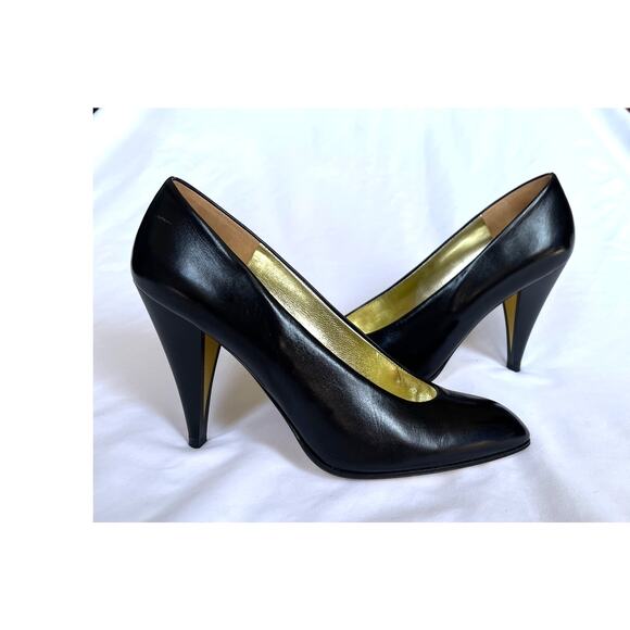 Vintage 1980s Charles Jourdan Leather & Gold Sculpted High Heels Pumps Shoes 6.5